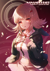 Rule 34 | 1girl, apple caramel, artist name, black jacket, blush, breasts, brown eyes, brown hair, brown skirt, character name, collared shirt, cowboy shot, danganronpa (series), danganronpa 2: goodbye despair, dress shirt, flipped hair, gradient background, hair ornament, hairclip, hands on own chest, hands up, highres, hood, hooded jacket, jacket, large breasts, long sleeves, looking at viewer, medium hair, nanami chiaki, neck ribbon, open clothes, open jacket, open mouth, petals, pink eyes, pink ribbon, pleated skirt, red background, ribbon, shirt, shirt tucked in, skirt, sleeves past wrists, smile, solo, white shirt