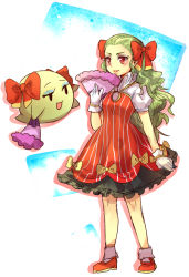 Rule 34 | 1girl, artist request, bow, bow (paper mario), dual persona, frills, ghost, gloves, green hair, hand fan, light smile, lolita fashion, long hair, looking at another, mario (series), nintendo, open mouth, paper mario, paper mario 64, personification, red eyes, red footwear, red skirt, shoes, skirt, smile, socks, standing