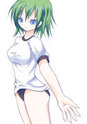 Rule 34 | 1girl, blue eyes, blush, breasts, female focus, green hair, gym uniform, hexa, short hair, simple background, solo, standing, tagme, white background
