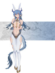 Rule 34 | 1girl, absurdres, alternate costume, animal ears, arknights, arm behind back, arm tattoo, arm wrap, black skin, blue background, blue hair, blush, breasts, clothing cutout, cola-alter, collar, colored skin, detached collar, detached sleeves, dragon girl, dragon horns, dragon tail, earrings, artistic error, fake animal ears, full body, gluteal fold, grey hair, hair between eyes, highres, horns, jewelry, ling (arknights), long hair, medium breasts, meme attire, multicolored hair, navel, necktie, pants, pointy ears, rabbit ears, revealing clothes, reverse bunnysuit, reverse outfit, simple background, solo, streaked hair, tail, tassel, tassel earrings, tattoo, thigh cutout, thigh gap, two-tone background, white background, white collar, white pants, yellow footwear, yellow necktie