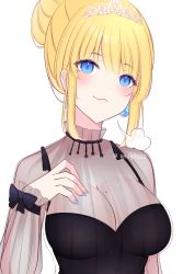 Rule 34 | 1girl, absurdres, black dress, blonde hair, blue eyes, blue nails, breasts, cleavage, doyagao, dress, drop earrings, earrings, fingerless gloves, gloves, hair bun, hair up, hand on own chest, highres, hololive, hololive english, jewelry, large breasts, looking at viewer, mole, mole on breast, nail polish, official alternate costume, see-through, see-through sleeves, sidelocks, simple background, single hair bun, smirk, smug, solo, teardrop earring, tiara, twitter username, usagisii, virtual youtuber, watermark, watson amelia, watson amelia (party dress), white background