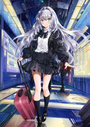 1girl 3others absurdres airport badge black_bow black_bowtie black_footwear black_jacket black_socks bomber_jacket bow bowtie button_badge collared_shirt commentary_request dated emblem english_text green_eyes grey_hair hallway highres holding holding_suitcase indoors jacket long_hair looking_at_viewer multiple_others night night_sky original school_uniform science_fiction shirt shirt_tucked_in sky smile socks solo_focus space star_(sky) suitcase twitter_username walking white_shirt wonda_iori