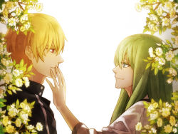 Rule 34 | 2boys, blonde hair, enkidu (fate), fate/strange fake, fate/zero, fate (series), flower, gilgamesh (fate), green eyes, green hair, hands on another&#039;s face, multiple boys, official alternate costume, red eyes, sindri