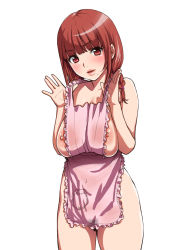 Rule 34 | 1girl, akage no maman, apron, blush, braid, breasts, brown hair, female focus, female pubic hair, kuzukago (bitchmaker), large breasts, lips, mole, naked apron, nipples, pubic hair, red eyes, solo, standing, twin braids