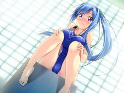 Rule 34 | 1girl, barefoot, blue hair, blue one-piece swimsuit, blush, breasts, competition swimsuit, dutch angle, erect!, game cg, hands on own knees, large breasts, long hair, looking at viewer, nose blush, official art, one-piece swimsuit, piromizu, ponytail, purple eyes, ririela churack, seiza, sidelocks, sitting, solo, swimsuit