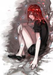 Rule 34 | 1other, ahoge, androgynous, cave, crying, crying with eyes open, gem uniform (houseki no kuni), glowing, glowing hair, highres, houseki no kuni, mercury (element), nail polish, red eyes, red hair, sad, cinnabar (houseki no kuni), short hair, shuu-0208, sitting, solo, tears