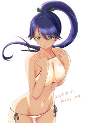 Rule 34 | 1girl, artist name, bikini, blue hair, collarbone, commentary request, cowboy shot, dated, glint, gluteal fold, green eyes, groin, halterneck, halterneck, high ponytail, houshou (kancolle), jewelry, kantai collection, long hair, moke ro, navel, ponytail, ring, side-tie bikini bottom, simple background, solo, standing, swimsuit, tan, thigh gap, wedding band, white background, white bikini