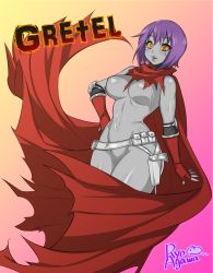 Rule 34 | 1girl, agawa ryou, artist name, belt, breasts, cape, curvy, female focus, fingerless gloves, gloves, gun, large breasts, lips, naked cape, no nipples, nude, orange eyes, pale skin, purple hair, red gloves, robot, short hair, solo, standing, weapon