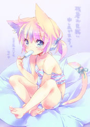Rule 34 | 1girl, animal ears, bare arms, bare legs, bare shoulders, barefoot, blonde hair, blue eyes, cat ears, cat tail, chemise, ech, food, gradient background, indian style, off shoulder, original, popsicle, ribbon, shirt, shorts, sitting, sleeveless, sleeveless shirt, solo, strap slip, sweat, tail, tail ornament, tail ribbon, translated