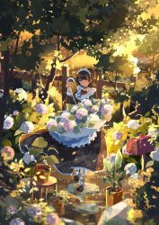 Rule 34 | 1girl, apron, atelier umiyury, backyard, black hair, blunt bangs, bush, commentary, flower, frilled apron, frills, garden, highres, holding, holding umbrella, hydrangea, light particles, long sleeves, looking at viewer, maid, maid apron, maid headdress, mailbox (incoming mail), original, outdoors, plant, potted plant, shoes, short hair, signature, solo, standing, sunlight, tree, umbrella, watering can