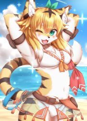 Rule 34 | 1girl, :3, animal ear fluff, animal ears, animal nose, arm pouch, arm ribbon, armband, armpits, arms behind head, arms up, beach, belt, bikini, bikini skirt, blonde hair, blue-framed eyewear, blue sky, blush, body fur, breasts, brown fur, brown hair, cleavage, cloud, contrail, cowboy shot, day, facial mark, fang, female focus, front-tie bikini top, front-tie top, furry, furry female, goggles, unworn goggles, green eyes, green ribbon, happy, highres, horizon, horokusa (korai), looking at viewer, medium breasts, medium hair, mia (world flipper), navel, official alternate costume, one eye closed, open mouth, outdoors, pouch, red ribbon, ribbon, sand, see-through, sidelocks, skindentation, sky, smile, solo, sparkle, star (symbol), stomach, swimsuit, tail, tail ornament, tail raised, tail ribbon, tiger ears, tiger girl, tiger tail, v-shaped eyebrows, water, whisker markings, white bikini, white fur, white hair, wink, world flipper, yellow fur