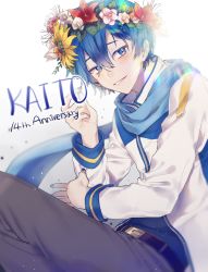 Rule 34 | 1boy, absurdres, anniversary, belt, bloom, blue eyes, blue hair, blue nails, blue scarf, blue shirt, bsgkstnals03, character name, coat, commentary, flower, hair flower, hair ornament, hand up, head wreath, highres, kaito (vocaloid), lily (flower), looking at viewer, male focus, nail polish, pants, parted lips, rainbow, scarf, shirt, smile, solo, spider lily, sunflower, vocaloid, white background, white coat