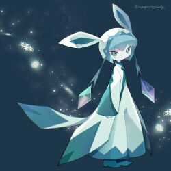 Rule 34 | animal ears, blue background, blue coat, blue eyes, blue footwear, blue gemstone, blue hair, blue hat, blue pants, bob cut, coat, creatures (company), crystal, full body, game freak, gem, gen 4 pokemon, glaceon, green eyes, hat, hat ornament, highres, long sleeves, looking at viewer, looking to the side, multicolored coat, myu (3u gumi), nintendo, pants, personification, pokemon, short hair, simple background, sleeves past wrists, snowflakes, solo, standing, tail, twitter username, two-tone coat, two-tone headwear, two-tone pants, white coat, white hat, white pants