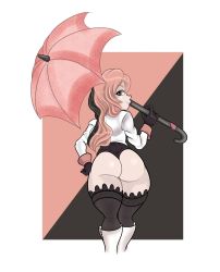 Rule 34 | 1girl, artist request, ass, blush, boots, brown eyes, brown hair, from behind, gloves, highres, huge ass, leotard, long hair, looking at viewer, looking back, multicolored hair, neo politan, pink hair, rwby, shiny skin, smile, solo, thighhighs, thong leotard, umbrella, very long hair