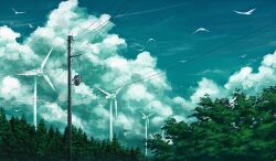 Rule 34 | bird, blue sky, cloud, cloudy sky, commentary request, contrail, cumulonimbus cloud, day, forest, gensuke (ryun), highres, nature, no humans, original, outdoors, power lines, scenery, sky, tree, utility pole, wind turbine, windmill