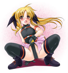 Rule 34 | 00s, 1girl, bad id, bad pixiv id, blonde hair, boots, bow, fate testarossa, fate testarossa (movie 1st form), female focus, full body, gloves, gradient background, hair bow, kakiko, leotard, long hair, lyrical nanoha, mahou shoujo lyrical nanoha, open mouth, red eyes, solo, thighhighs, twintails, very long hair, white background