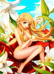 Rule 34 | 1girl, aegyo, anklet, bad id, bad pixiv id, barefoot, barefoot sandals (jewelry), blonde hair, braid, breasts, bug, butterfly, cleavage, day, fairy, fairy wings, feet, flower, green eyes, hair flower, hair ornament, insect, jewelry, legs, long hair, medium breasts, mini person, minigirl, monster girl, nail polish, original, pasties, sitting, sky, smile, solo, toenail polish, toenails, wings
