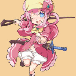 Rule 34 | 10s, 1girl, blue eyes, bow, hair rings, hat, najimi shin, navel, one eye closed, open mouth, orange background, pink bow, pink hair, sheath, sheathed, sherlock shellingford, simple background, solo, staff, sword, tantei opera milky holmes, weapon, wink