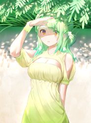 Rule 34 | 1girl, absurdres, arm behind back, arm up, braid, braided bangs, breasts, ceres fauna, cleavage, cleavage cutout, clothing cutout, dress, eyes visible through hair, flower, green dress, green hair, hair flower, hair ornament, hair over one eye, highres, hololive, hololive english, large breasts, lbkei, long hair, one side up, orange eyes, parted lips, plant, shading eyes, short sleeves, shoulder cutout, single braid, solo, upper body, virtual youtuber, white flower