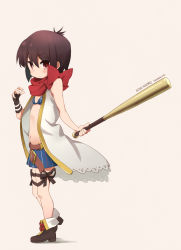 Rule 34 | 1girl, a channel, baseball bat, belt, belt skirt, blue skirt, blush, boots, bow, brown hair, character name, closed mouth, flat chest, high heel boots, high heels, ichii tooru, kirara fantasia, looking at viewer, navel, okayparium, red bow, red eyes, red scarf, ribbon, scarf, shirt, skirt, solo, striped clothes, striped shirt, vertical-striped clothes, vertical-striped shirt