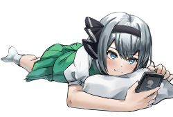 Rule 34 | 1girl, black bow, black hairband, blue eyes, bow, cellphone, closed mouth, green skirt, green vest, hair bow, hairband, highres, konpaku youmu, light blush, looking at phone, lying, on stomach, phone, pillow, puffy short sleeves, puffy sleeves, ramiki, short hair, short sleeves, silver hair, skirt, smartphone, smile, socks, solo, touhou, vest, white background, white socks