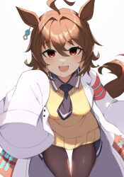 Rule 34 | 1girl, agnes tachyon (umamusume), ahoge, bandolier, black necktie, black pantyhose, blush, brown hair, chemical structure, coat, collared shirt, commentary request, cork, earrings, hair between eyes, highres, horse girl, jewelry, lab coat, looking at viewer, messy hair, necktie, open mouth, pantyhose, partial commentary, ra mun5239, red eyes, shirt, short hair, simple background, single earring, sleeves past fingers, sleeves past wrists, smile, solo, sweater vest, test tube, umamusume, very long sleeves, white background, white coat, yellow sweater vest