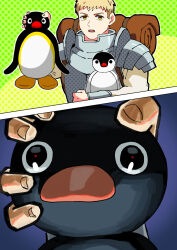 Rule 34 | 1boy, animal, armor, backpack, bag, bird, blonde hair, breastplate, brown eyes, close-up, commentary request, crossover, dungeon meshi, facing viewer, green background, highres, holding, holding animal, joyoekaki, laios thorden, meme, open mouth, penguin, pinga (pingu), pingu, pingu (series), plate armor, polka dot, polka dot background, shirt, short hair, shoulder armor, simple background, terrified noot noot (meme), upper body, white shirt