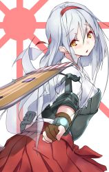 Rule 34 | 10s, 1girl, archery, blush, bow (weapon), gloves, headband, highres, japanese clothes, kantai collection, kyuudou, long hair, looking at viewer, looking back, muneate, open mouth, partially fingerless gloves, partly fingerless gloves, personification, rising sun flag, shoukaku (kancolle), silver hair, single glove, skirt, solo, sunburst, weapon, yellow eyes, yugake, yukixi, yuky (cassis powder)