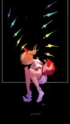 Rule 34 | 1girl, absurdres, ascot, black background, blonde hair, bloomers, collared shirt, crystal, flandre scarlet, full body, hair ribbon, head tilt, highres, howah18, hugging own legs, looking at viewer, medium hair, no headwear, no shoes, one side up, open mouth, red ribbon, red skirt, red vest, removing sock, ribbon, shirt, skirt, smile, socks, solo, torn clothes, torn skirt, touhou, underwear, vest, white bloomers, white shirt, white socks, wings, yellow ascot, yellow eyes