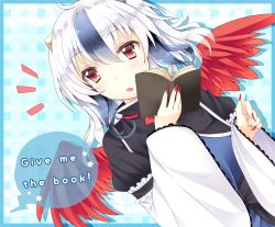 Rule 34 | 1girl, :o, ajiriko, bad id, bad pixiv id, bird wings, blue hair, blush, book, english text, fingernails, horns, multicolored hair, open book, open mouth, reading, red eyes, sharp fingernails, solo, streaked hair, tokiko (touhou), touhou, white hair, wings