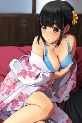 Rule 34 | 1girl, bare shoulders, black eyes, black hair, blue bra, blush, bra, breasts, cleavage, closed mouth, commentary request, covering privates, covering breasts, fingernails, floral print, hair ribbon, highres, indoors, japanese clothes, kimono, legs, long sleeves, looking at viewer, matsunaga kouyou, medium breasts, off shoulder, original, ribbon, sidelocks, sitting, solo, underwear, wide sleeves, yellow ribbon