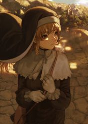 Rule 34 | 1girl, absurdres, bag, brown eyes, brown hair, gloves, habit, highres, holding, hotateyuki, light rays, long hair, looking to the side, nijisanji, nun, outdoors, plant, sister claire, sister claire (1st costume), solo, sunbeam, sunlight, traditional nun, tree, virtual youtuber, white gloves