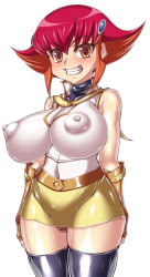 Rule 34 | 1girl, alternate breast size, alternate costume, bare shoulders, blush, breasts, brown eyes, cameltoe, cleft of venus, covered erect nipples, curvy, fingerless gloves, gloves, hajime shindo, huge breasts, kouzuki anna, large breasts, looking at viewer, miniskirt, multicolored clothes, multicolored hair, nipples, orange hair, panties, pink hair, ra yellow uniform, red panties, revealing clothes, shiny clothes, shiny skin, short hair, skirt, smile, solo, standing, two-tone hair, underwear, uniform, wide hips, yellow eyes, yu-gi-oh!, yu-gi-oh! gx, yuu-gi-ou, yuu-gi-ou zexal