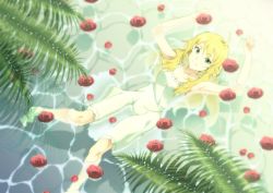 Rule 34 | 1girl, armpits, blonde hair, breasts, cleavage, dress, flower, green eyes, highres, hoshii miki, idolmaster, idolmaster (classic), long hair, looking at viewer, lying, monsterx, partially submerged, solo, wet
