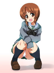 Rule 34 | 10s, 1girl, black neckerchief, black socks, blouse, blush, brown eyes, brown footwear, brown hair, cameltoe, cardigan, crotch seam, full body, girls und panzer, green skirt, grey sweater, hands on own knees, kneehighs, loafers, long sleeves, looking at viewer, miniskirt, neckerchief, nishizumi miho, ooarai school uniform, open mouth, ouhashi, panties, pantyshot, pleated skirt, school uniform, serafuku, shirt, shoes, short hair, skirt, smile, socks, solo, squatting, sweater, underwear, upskirt, white background, white panties, white shirt, winter clothes