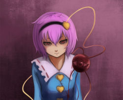 Rule 34 | 1girl, agsagreen, arms at sides, black hairband, blouse, blue shirt, breasts, buttons, expressionless, frilled shirt collar, frills, gradient background, hair between eyes, hairband, head tilt, heart button, komeiji satori, long sleeves, looking at viewer, purple background, purple hair, red eyes, red pupils, ribbon-trimmed collar, ribbon trim, shaded face, shirt, short hair, solo, third eye, touhou, upper body