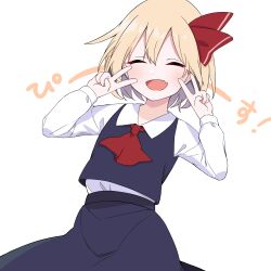 Rule 34 | 1girl, ascot, blonde hair, bow, collared shirt, double v, fang, hair bow, highres, long sleeves, open mouth, rouka, rumia, shirt, short hair, skin fang, skirt, skirt set, smile, solo, touhou, translated, v