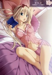 Rule 34 | 1girl, absurdres, arm up, armpits, babydoll, bed, blonde hair, blush, breasts, covered erect nipples, green eyes, handheld game console, hatori uta (mirai nostalgia), highres, koku, lingerie, looking at viewer, lying, mirai nostalgia, navel, negligee, nintendo 3ds, nintendo ds, nipples, open mouth, see-through, shiny skin, solo, underwear