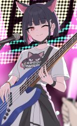 Rule 34 | 1girl, 1other, absurdres, animal ears, black choker, black hair, black jacket, black mask, blue archive, blush, cat ears, choker, closed mouth, clothes around waist, colored inner hair, den (den1115 ), electric guitar, extra ears, guitar, hair ornament, hairclip, highres, holding, holding instrument, instrument, jacket, jacket around waist, kazusa (band) (blue archive), kazusa (blue archive), looking at viewer, mask, mask pull, microphone, mouth mask, multicolored hair, official alternate costume, one eye closed, pink hair, pleated skirt, red eyes, shirt, short hair, short sleeves, skirt, smile, solo focus, white shirt, white skirt