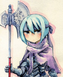 Rule 34 | 1girl, 7mmnote, armor, axe, beruka (fire emblem), blue hair, cape, closed mouth, fire emblem, fire emblem fates, headband, highres, holding, holding axe, looking at viewer, nintendo, solo, torn cape, torn clothes, traditional media