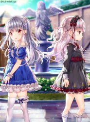 Rule 34 | 2girls, bare shoulders, black dress, blue dress, blue sky, blurry, blurry background, bow, character request, cloud, commentary request, day, depth of field, dress, feet out of frame, fountain, frilled dress, frilled hairband, frills, fujima takuya, grey hair, hairband, isekai ni tobasaretara papa ni nattandaga, bridal garter, long hair, long sleeves, looking at viewer, looking to the side, multiple girls, off-shoulder dress, off shoulder, orurea (isepapa), outdoors, parted lips, profile, puffy short sleeves, puffy sleeves, red bow, red eyes, red hairband, short sleeves, sky, socks, statue, thighhighs, two side up, very long hair, white legwear