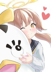 Rule 34 | 1girl, blue archive, blush, commentary request, halo, heart, hifumi (blue archive), highres, light brown hair, looking at viewer, low twintails, hugging object, one eye closed, school uniform, simple background, smile, solo, stuffed animal, stuffed toy, twintails, white background, yellow eyes, yudeziel