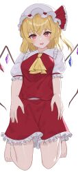 Rule 34 | 1girl, absurdres, anima miko, ascot, bad id, bad pixiv id, barefoot, blonde hair, breasts, collared shirt, crystal, flandre scarlet, frilled shirt collar, frilled skirt, frilled sleeves, frills, full body, hat, hat ribbon, head tilt, highres, looking at viewer, medium hair, mob cap, multicolored wings, one side up, open mouth, puffy short sleeves, puffy sleeves, red eyes, red ribbon, red skirt, red vest, ribbon, ribbon-trimmed headwear, ribbon trim, shirt, short sleeves, simple background, skirt, skirt set, sleeve ribbon, small breasts, solo, touhou, vest, white background, white hat, white shirt, wings, yellow ascot