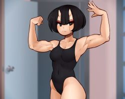 Rule 34 | 1girl, arms up, biceps, black eyes, black leotard, blurry, blurry background, breasts, bright pupils, cleavage, closed mouth, collarbone, covered navel, d-floe, derivative work, eyeshadow, flexing, highres, horns, large breasts, leotard, looking at viewer, makeup, muscular, muscular female, my lucky stars, original, parody, red eyeshadow, screenshot redraw, short hair, solo, white pupils