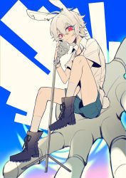Rule 34 | 1boy, animal ears, aohitsugi samatoki, black footwear, blue background, blue shorts, boots, bracelet, chinese commentary, closed mouth, collared shirt, commentary, ear piercing, earrings, full body, highres, holding, holding microphone, hypnosis mic, jewelry, knee up, looking at viewer, male focus, microphone, microphone stand, multiple earrings, open hand, piercing, rabbit boy, rabbit ears, rabbit tail, red eyes, shirt, short hair, short sleeves, shorts, sitting, sitting on hand, socks, solo, tail, white hair, white shirt, white socks, yusa (yusa0751)