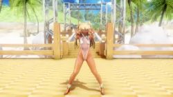 Rule 34 | 1girl, 3d, animated, artist request, ass, ass shake, audible music, bare legs, bare shoulders, barefoot, beach, blonde hair, blue eyes, blush, breastless clothes, breasts, cameltoe, censored, closed mouth, dancing, dark-skinned female, dark skin, detached sleeves, female focus, full body, futaba lili ramses, gradient hair, groin, high heels, highleg, highleg leotard, huge ass, leotard, long hair, looking at viewer, magical girl, multicolored hair, nude, pasties, pointy hair, revealing clothes, sand, see-through, shiny skin, simple background, small breasts, smile, sound, spread legs, squatting, taimanin (series), tentacle and witches, thighs, thong leotard, toes, toned, twintails, two side up, undressing, video