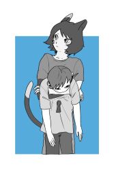 Rule 34 | 1boy, 1girl, animal ears, annoyed, arm dangle, blue background, body fur, casual, cat ears, cat girl, cat tail, chilchuck tims, cowboy shot, dungeon meshi, greyscale with colored background, halfling, height difference, highres, hug, hug from behind, hup cheop, izutsumi, korean commentary, long sleeves, looking down, looking to the side, monochrome, outside border, pants, print shirt, shirt, short hair, short sleeves, t-shirt, tail, worried