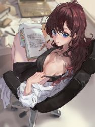 Rule 34 | 1girl, :3, black dress, blue eyes, blurry, breasts, chair, cleavage, clipboard, closed mouth, depth of field, dress, earrings, from above, from behind, highres, ichinose shiki, idolmaster, idolmaster cinderella girls, indoors, jewelry, lab coat, long hair, looking at viewer, looking back, medium breasts, modare, necklace, off shoulder, office chair, pencil, purple hair, sitting, solo, strap slip, swivel chair