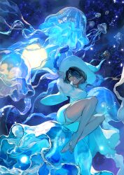 Rule 34 | 1girl, bare legs, barefoot, black hair, braid, commentary request, full moon, green eyes, grin, hair ornament, hair over one eye, hat, highres, jellyfish, lack, leg wrap, medium hair, moon, night, night sky, original, robe, sky, smile, solo, star (sky), tentacles, twin braids, white robe, wide sleeves, witch hat