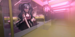 Rule 34 | 1girl, absurdres, against window, bare shoulders, black hair, black skirt, camisole, center frills, chihuri, frills, hair between eyes, hair ornament, hairclip, halo, hand up, highres, indoors, long hair, looking at viewer, open mouth, original, pink eyes, plaid, pleated skirt, red camisole, skirt, solo, twintails, very long hair